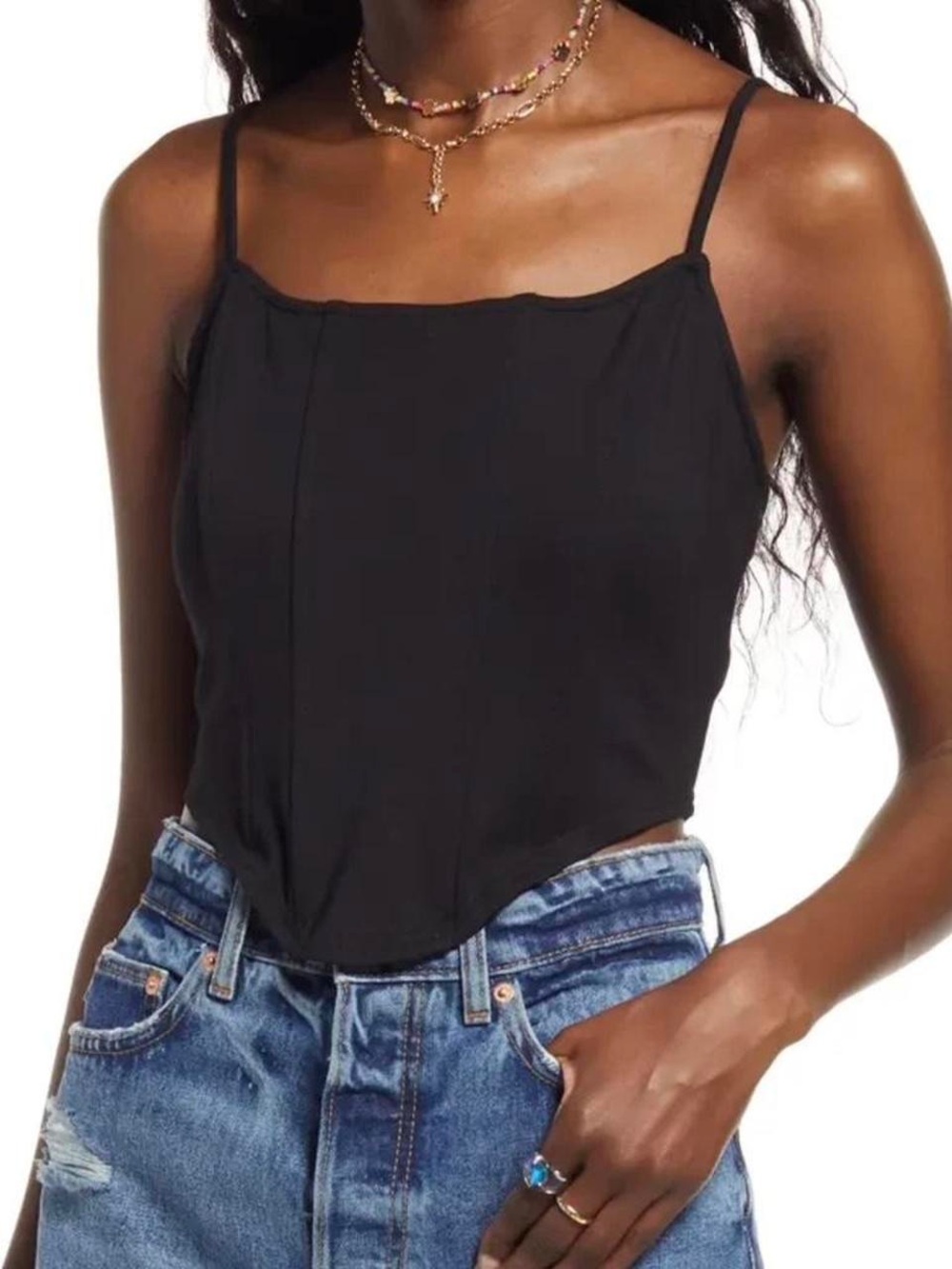 bp Black Spaghetti-Strap Pointed-Hem Crop Cami